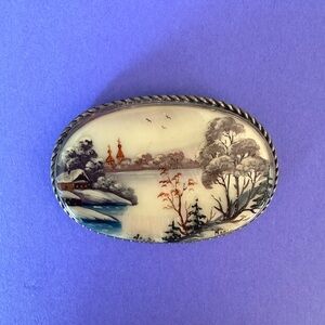 Vintage hand painted sterling silver pearl pin